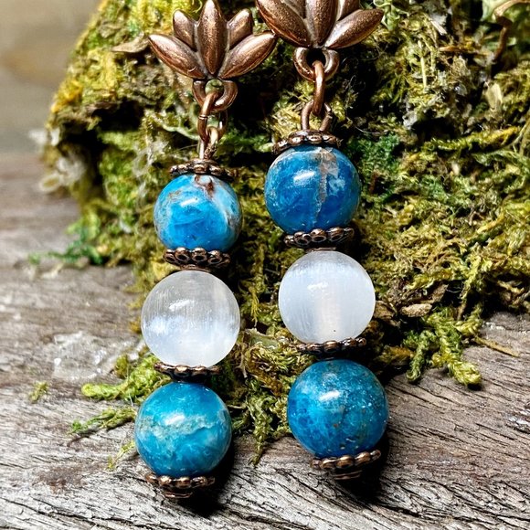 Blue Apatite Selenite Antique Copper Lotus Flower Earrings - Picture 5 of 5
